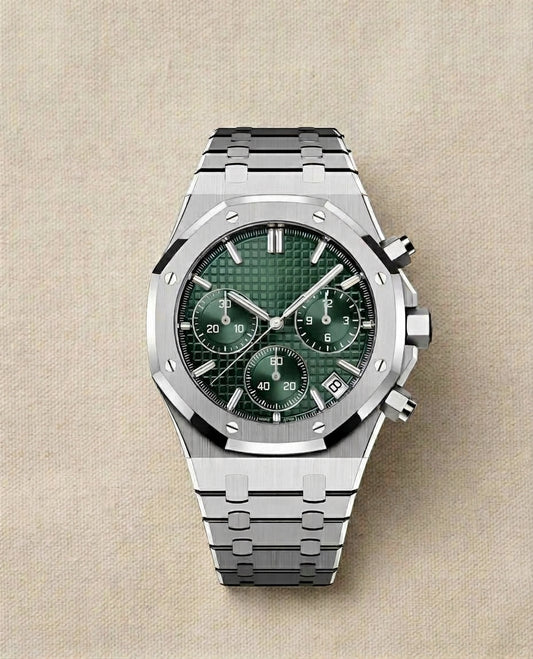 Montre Quartz— Boîtier Octogonal & Chrono Vert